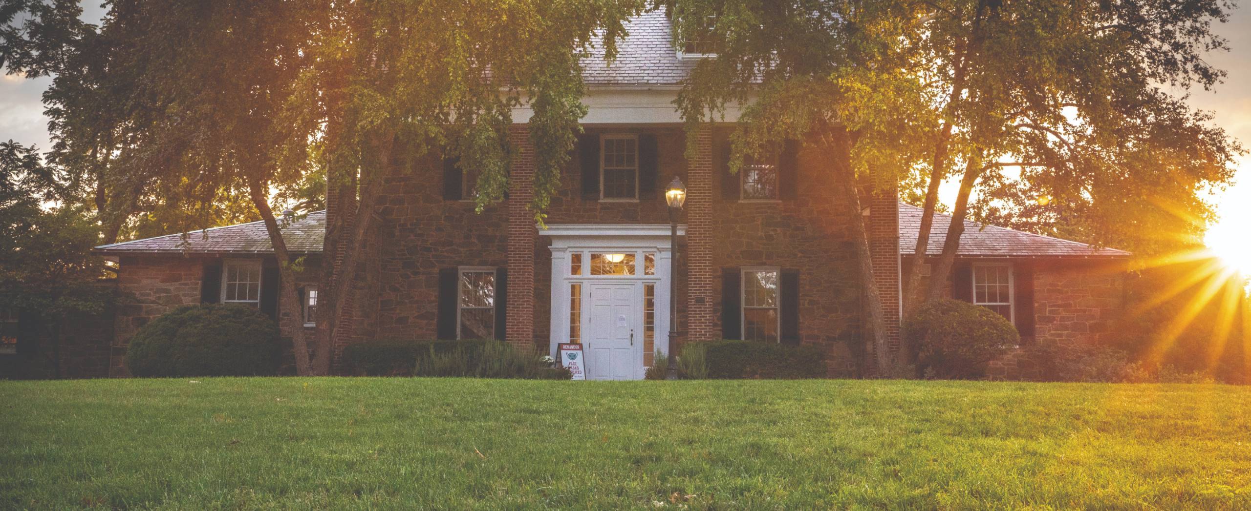 A school building at sundown